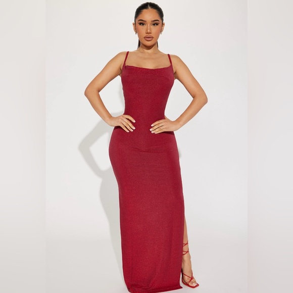Fashion Nova “Mila Lurex” Maxi Dress Wine Size M - Picture 2 of 15